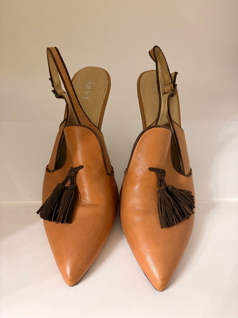 Women’s Tan Leather Pointed Slingback Mules with Tassel